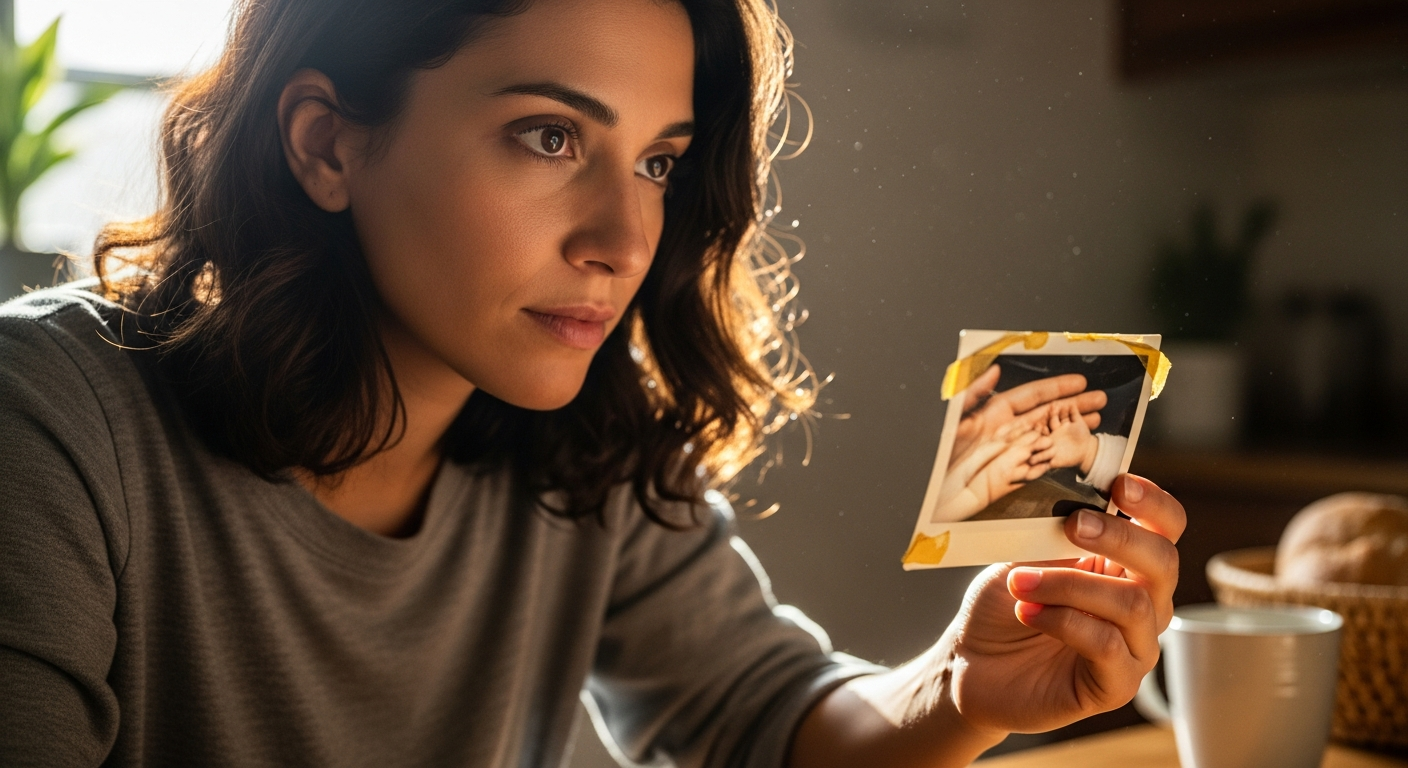 Mujer adulta mirando pensativamente una foto antigua de su infancia, con una mano de adulto sosteniendo su mano de niña.