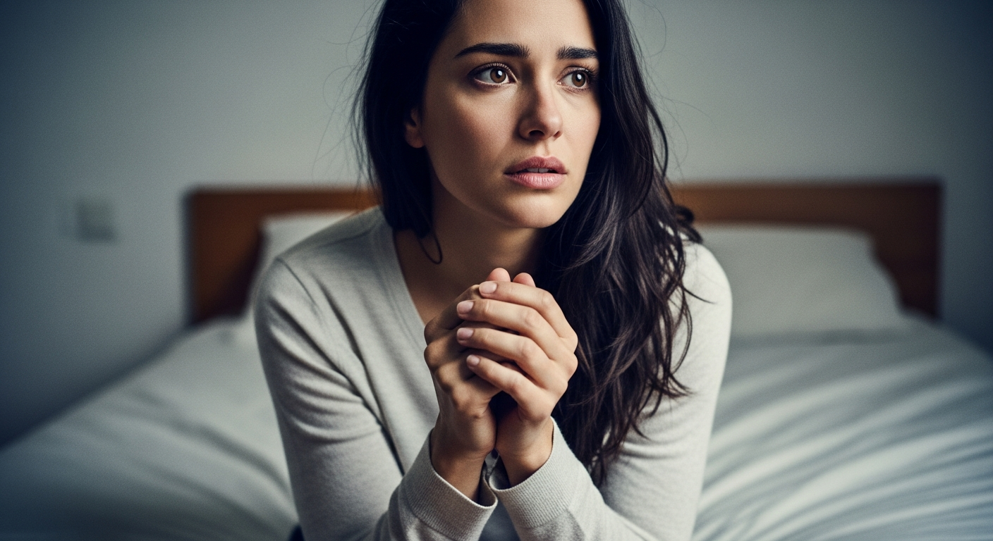 Joven mujer sentada en el borde de una cama, mirando con expresión ansiosa, manos apretadas, en una relación.