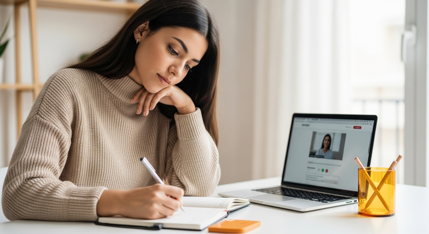 Mujer joven escribiendo en un diario, con un portátil mostrando contenido de autoayuda o terapia, simbolizando cambio personal.