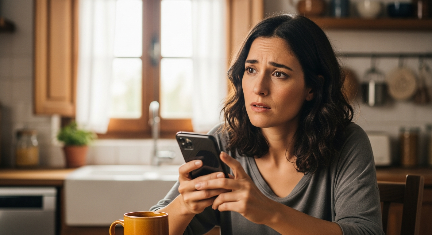 Mujer española pensativa con su teléfono, expresión de confusión tras una conversación difícil.