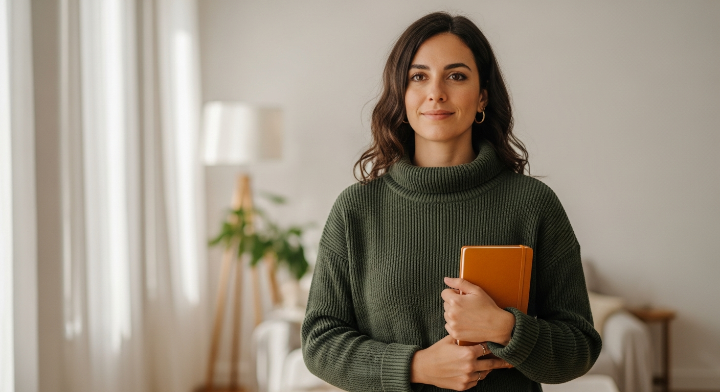 Mujer española de pie con confianza, sosteniendo un cuaderno, expresión clara y serena.