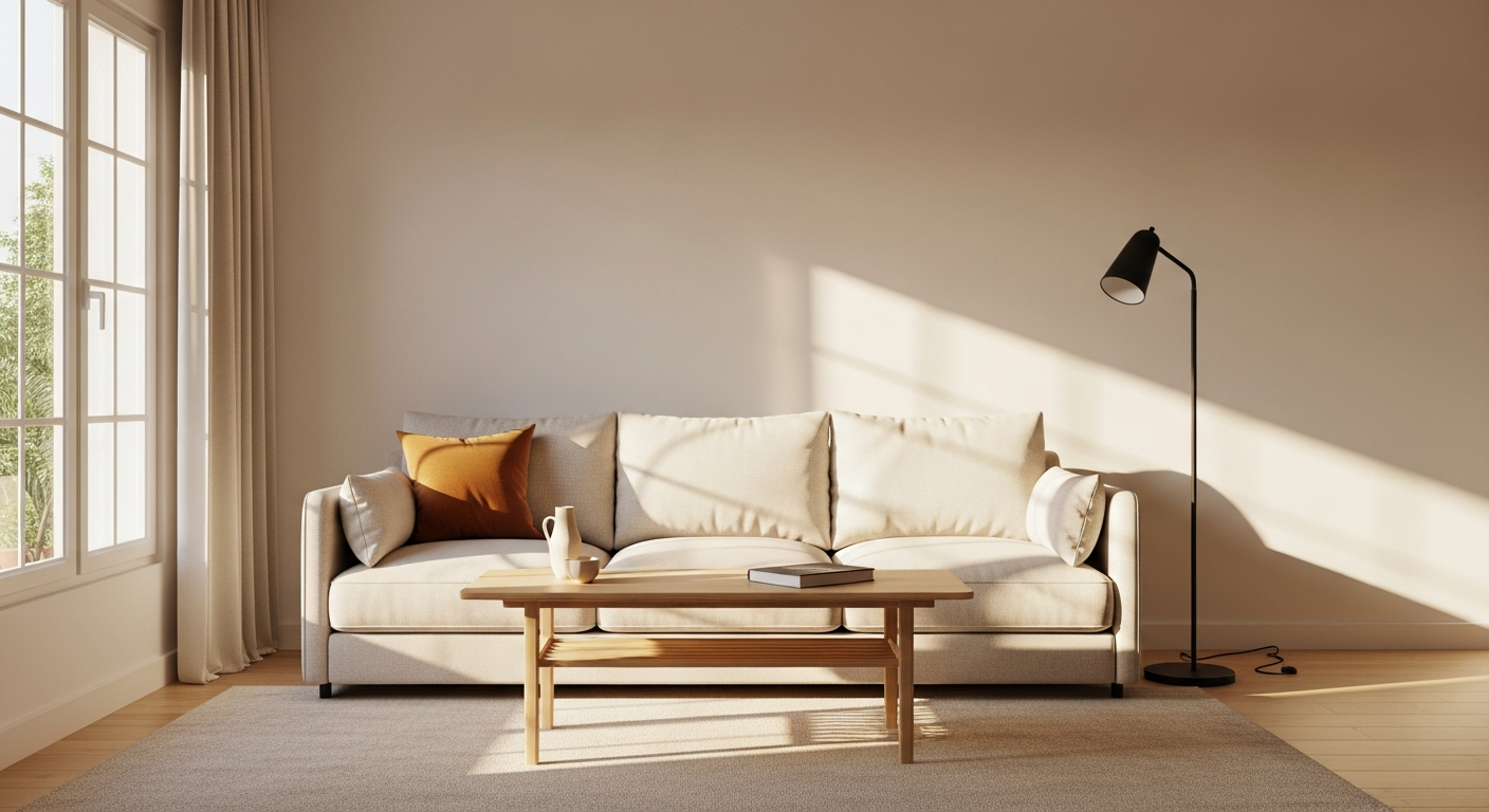 Salón minimalista con sofá crema, cojín ámbar, mesa de centro y lámpara de pie, bañado en luz natural.