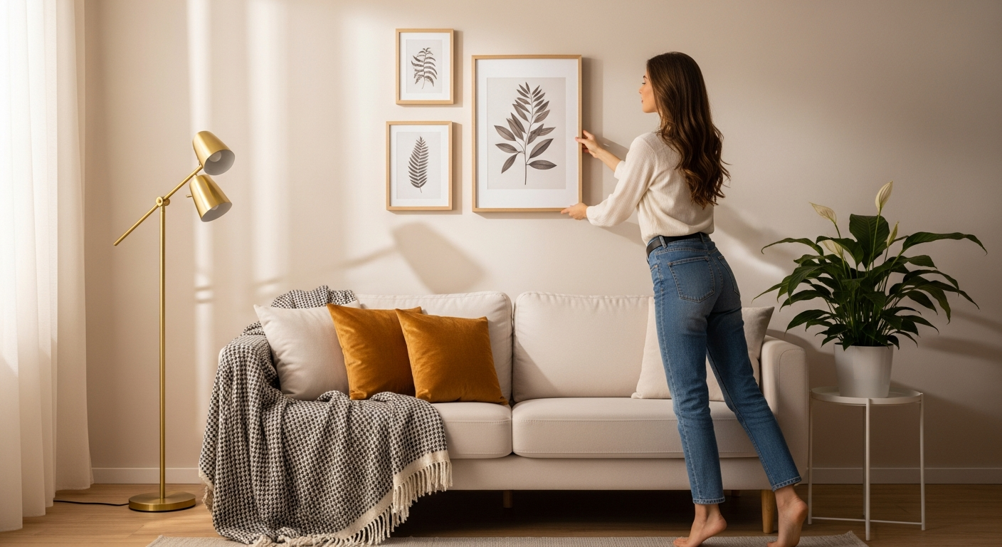 Mujer española colgando un cuadro, sofá con cojines ámbar, manta, lámpara de pie y planta en salón.