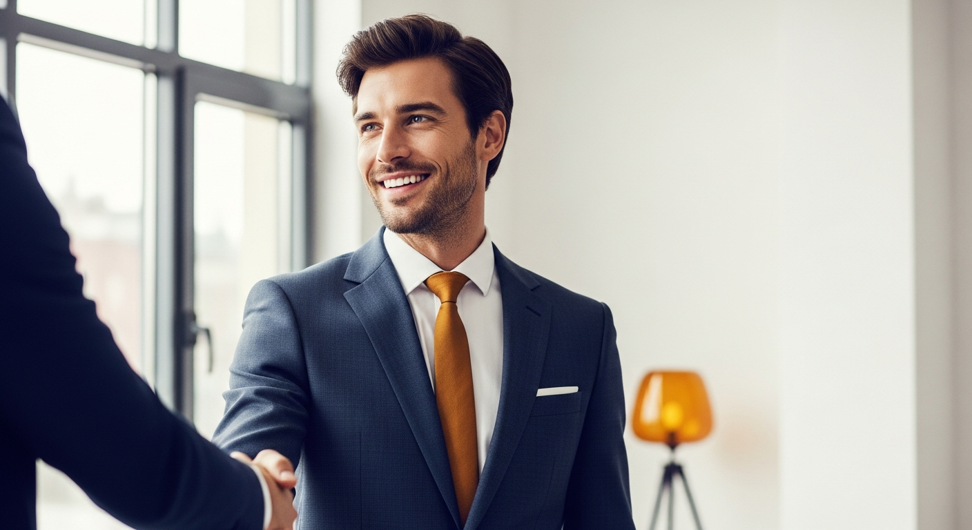 Un hombre de negocios español con una sonrisa intensa estrechando la mano en una oficina moderna con luz natural.