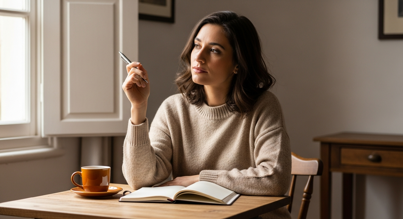 Mujer española escribiendo 'Límites Claros' en un cuaderno, tomando una decisión, con taza ámbar.