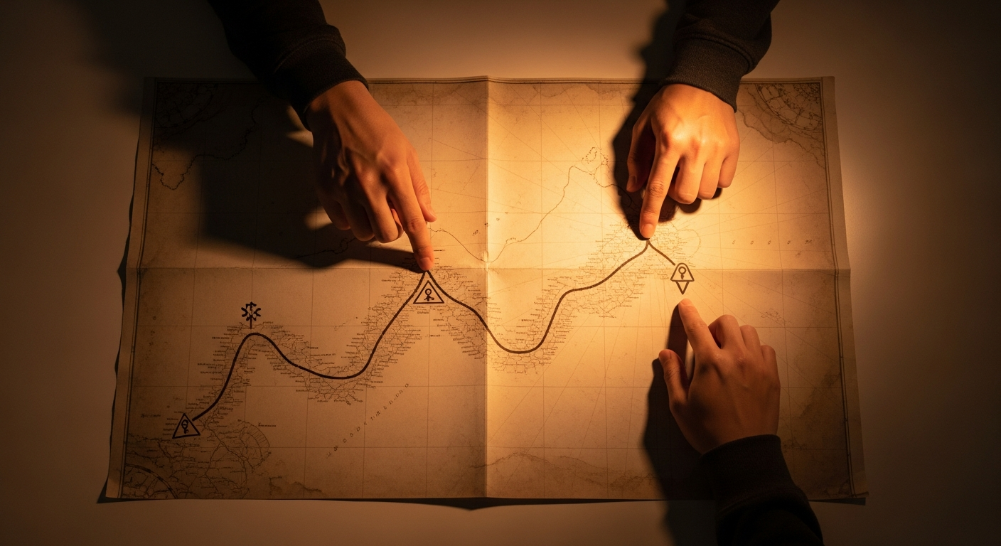 Manos trazando un mapa con caminos etiquetados 'Pico de la Confianza' y 'Valle de la Desesperación'.