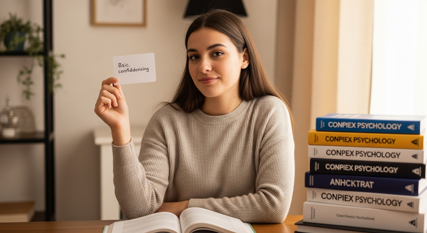Mujer con sonrisa confiada sosteniendo una tarjeta simple frente a libros complejos, simbolizando el efecto Dunning-Kruger.