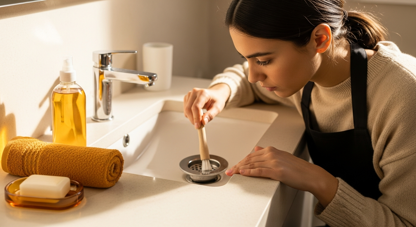 Mujer española inspeccionando el desagüe del lavabo del baño, buscando biofilm.