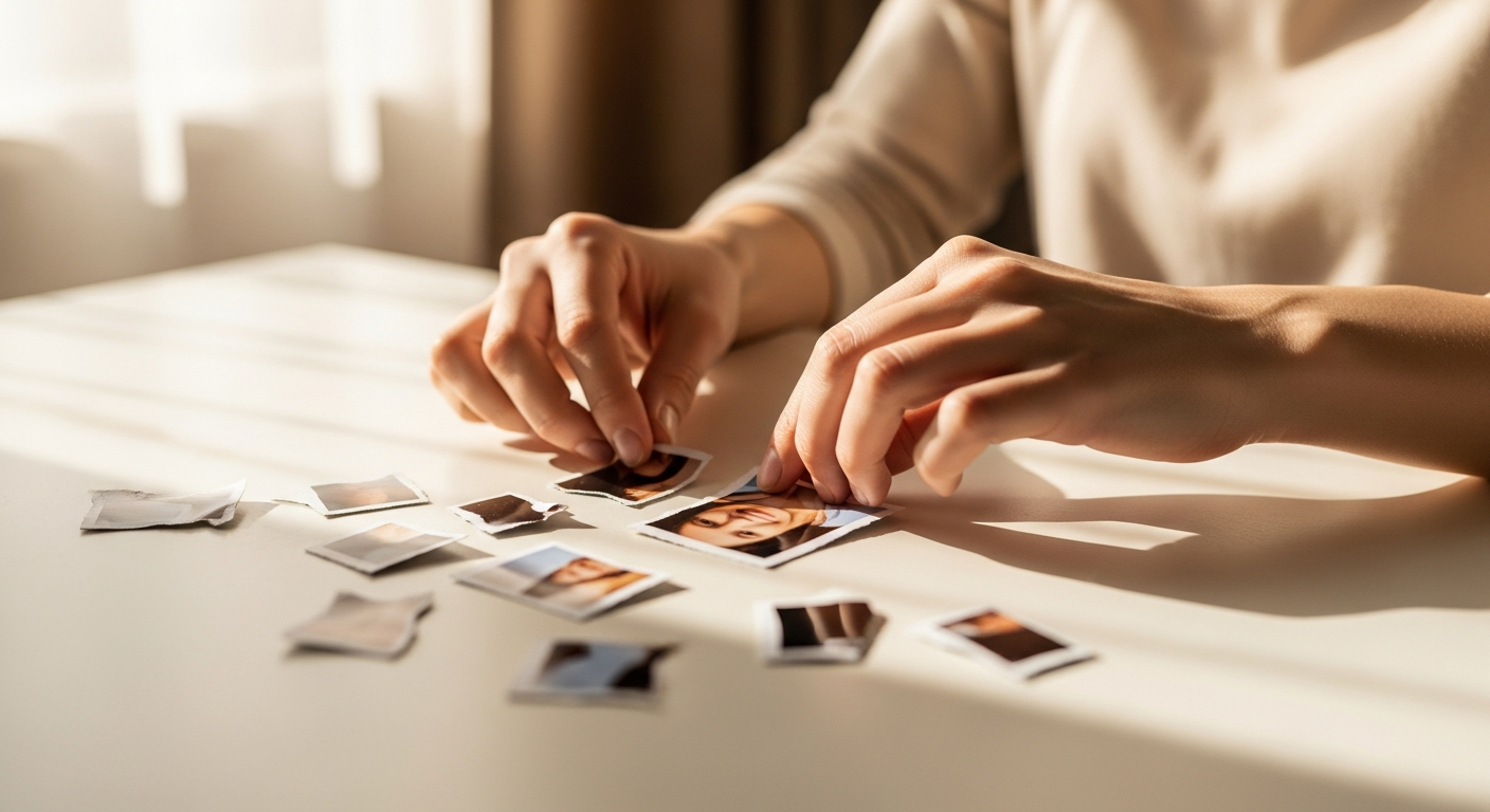 Manos reconstruyendo una fotografía rota, simbolizando la recuperación y la reconstrucción.
