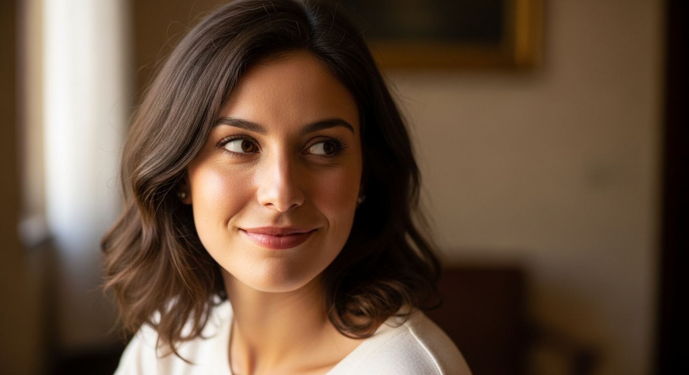 Mujer española con sonrisa enigmática, representando el encanto inicial de un narcisista.