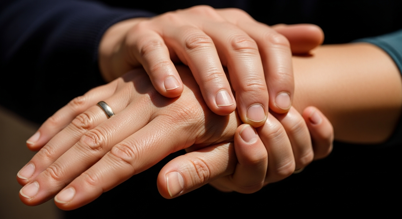 Primer plano de dos manos, una retirándose sutilmente, representando las fases de una relación narcisista.
