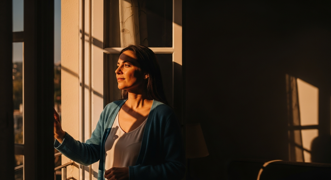 Mujer española de pie junto a una ventana abierta, mirando con esperanza, simbolizando la recuperación personal.