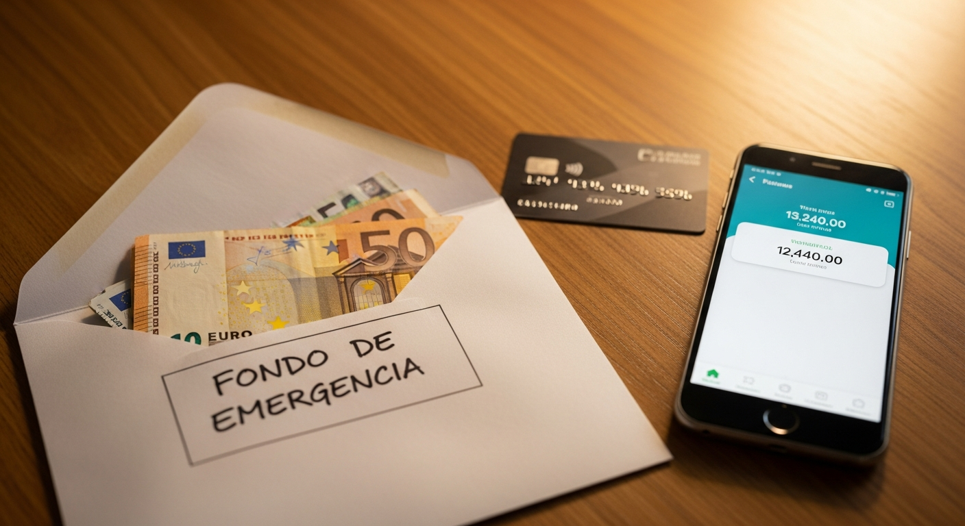 Sobre abierto con billetes de euro etiquetado 'Fondo de Emergencia', junto a tarjeta de débito y app bancaria.