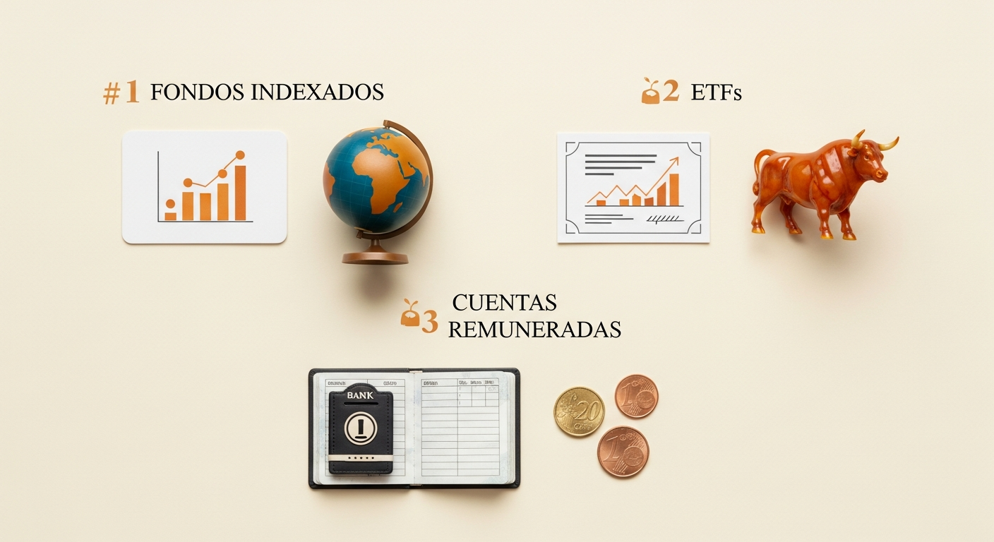 Flat-lay infográfico: 'Fondos Indexados' con gráfico, 'ETFs' con certificado, 'Cuentas Remuneradas' con libreta.