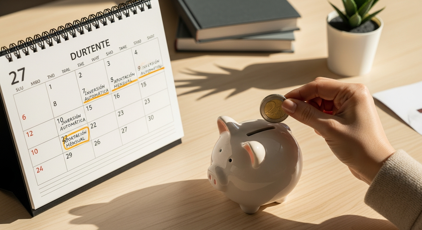 Mano poniendo moneda en hucha, calendario con 'Inversión Automática', representando inversión mensual.