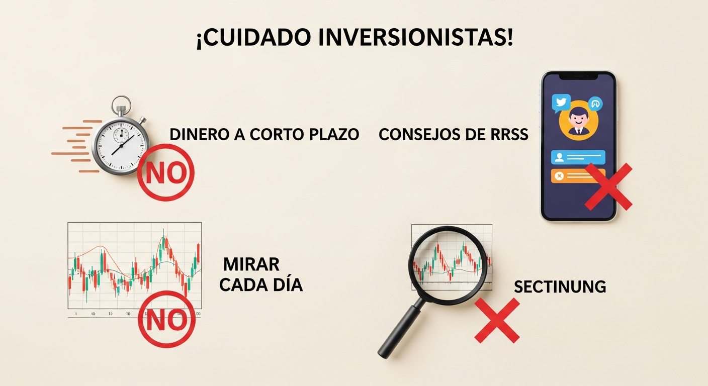 Infografía flat-lay con 'NO Dinero a Corto Plazo', 'NO Consejos de RRSS', 'NO Mirar Cada Día', 'NO Vender en Caída'.