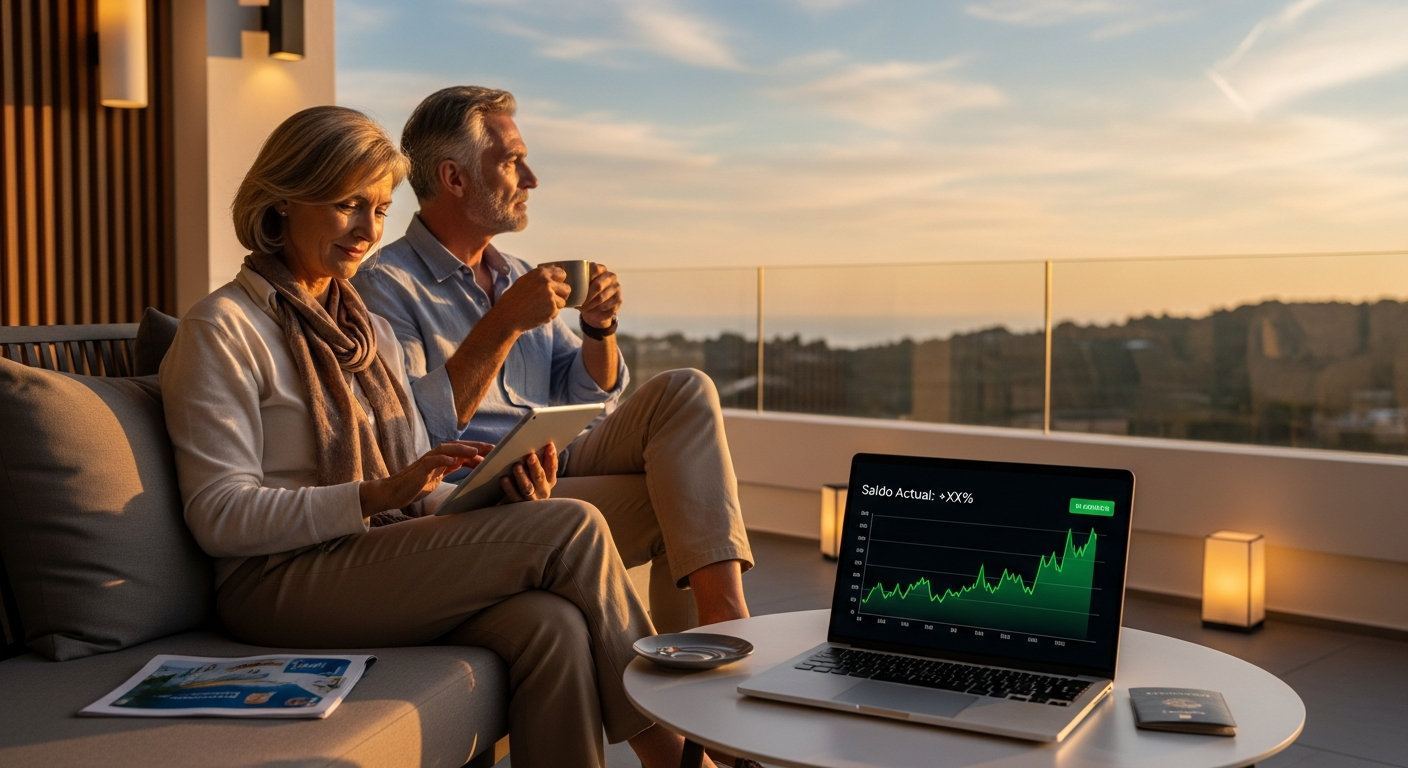 Pareja jubilada disfrutando el atardecer, laptop con saldo positivo de inversión, folleto de viaje, representando libertad financiera.