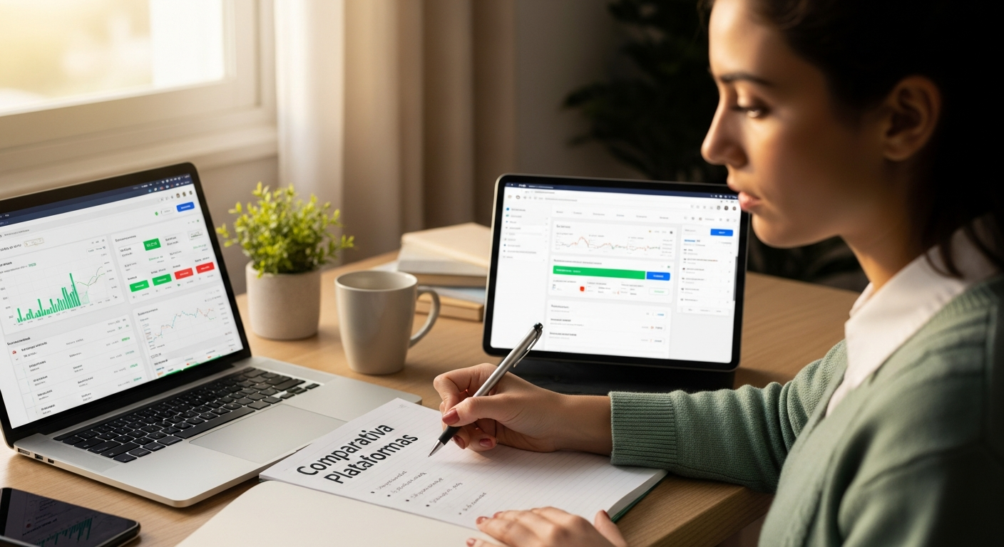 Mujer comparando plataformas de inversión en laptop y tablet, con notas 'Comparativa Plataformas'.