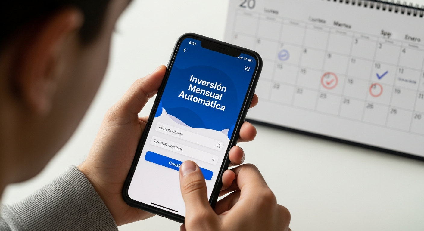 Manos de persona configurando 'Inversión Mensual Automática' en app bancaria, representando estrategia DCA.
