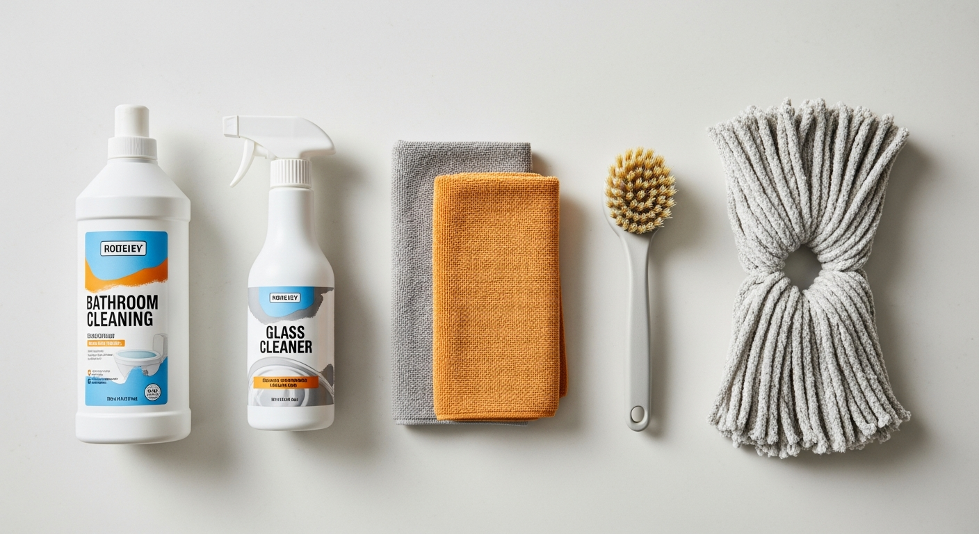 Flat-lay de herramientas de limpieza de baño en orden: limpiador, spray, paños, cepillo, mopa.