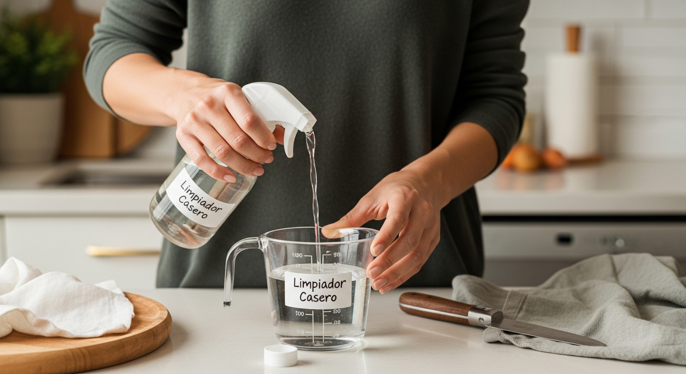 Manos preparando limpiador casero con vinagre blanco y agua en botella pulverizadora.
