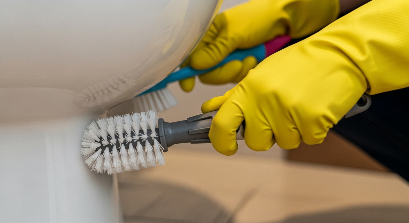 Manos con guantes amarillos fregando la base de un inodoro para eliminar gérmenes.