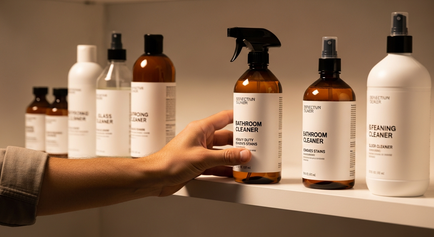 Mano seleccionando un potente limpiador de baño etiquetado de un estante, productos efectivos.