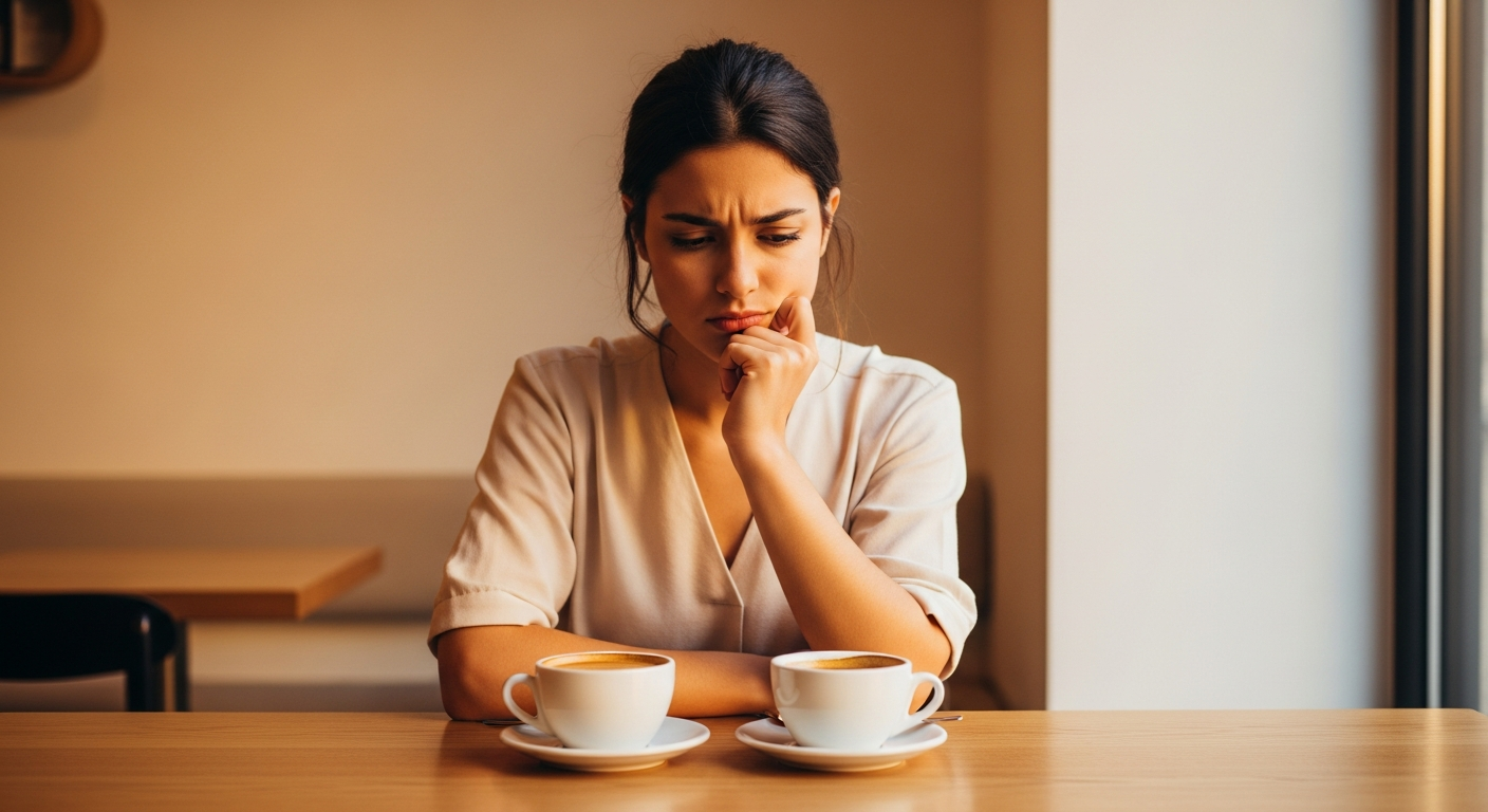 Mujer joven mirando dos tazas de café, con una sutil indicación de influencia en su elección.