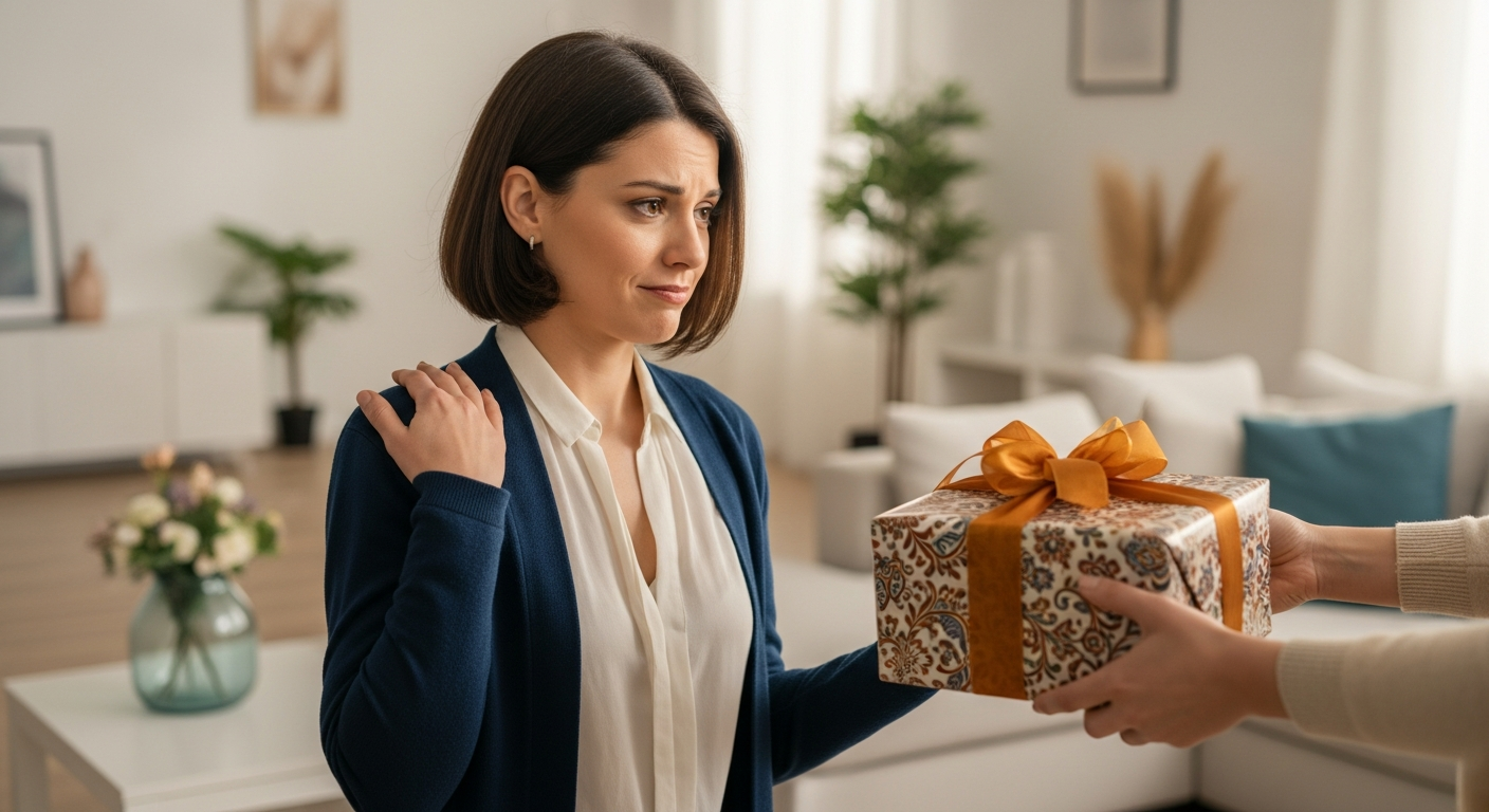 Mujer con expresión incómoda recibiendo un regalo no solicitado con cinta ámbar.