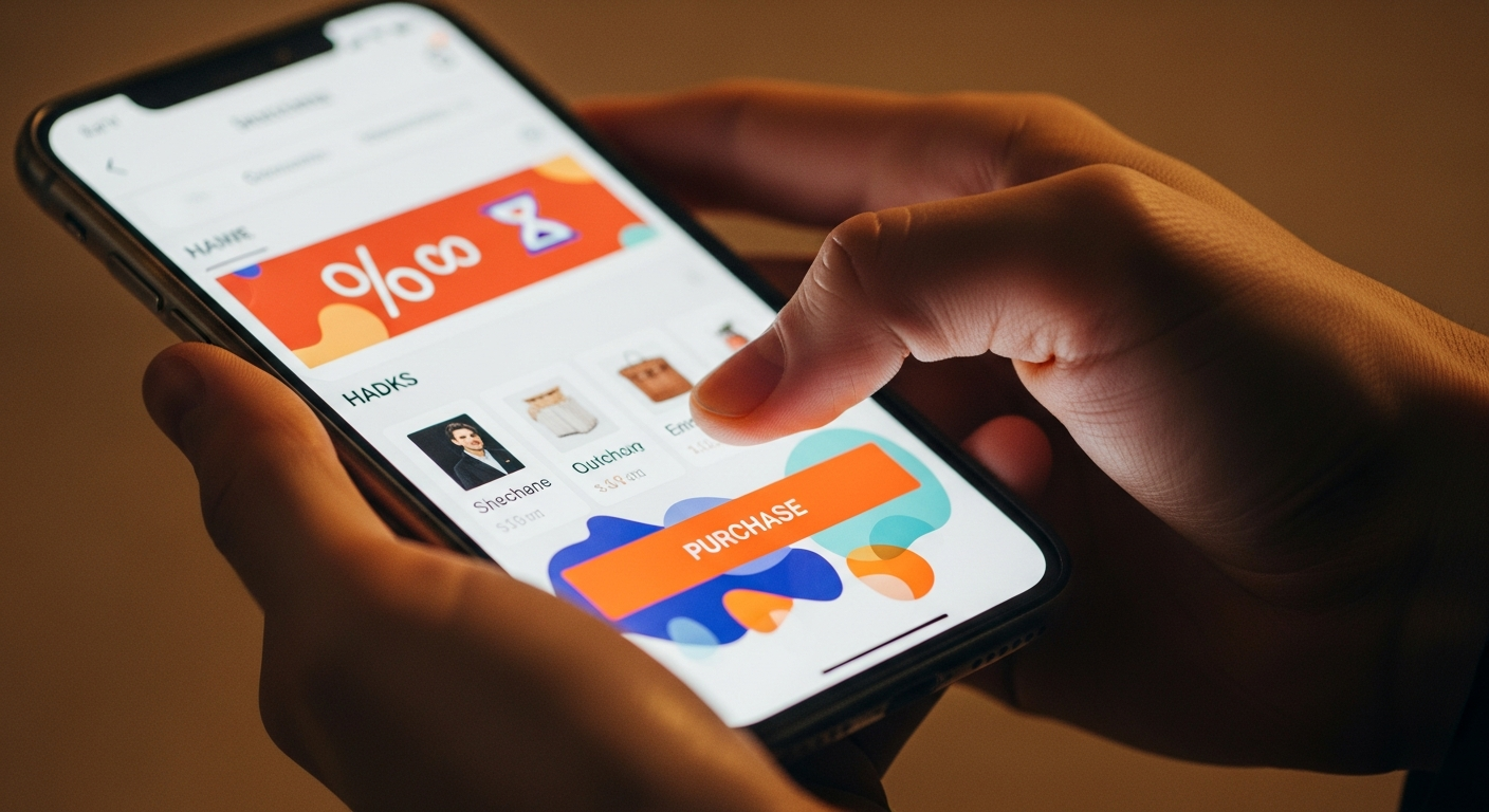 Manos sosteniendo smartphone mostrando '¡Últimas unidades!' en app de compras.