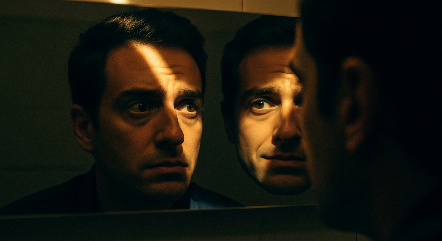Hombre con expresión conflictiva mirando su reflejo sutilmente diferente en un espejo.