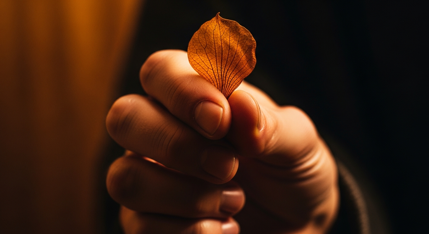 Primer plano de mano apretando suavemente un pétalo ámbar, simbolizando manipulación emocional.