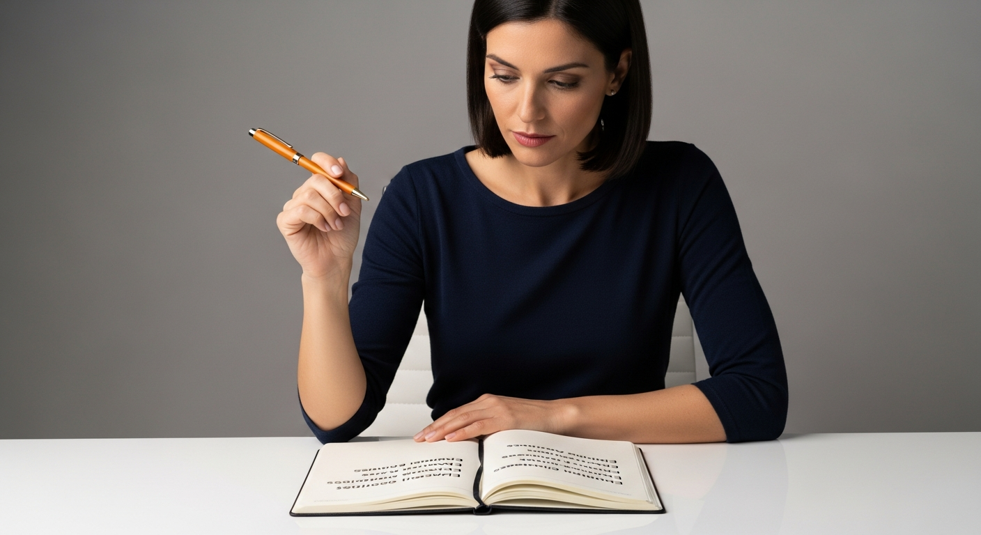 Mujer escribiendo en cuaderno, con expresión preocupada, reconociendo señales de manipulación.