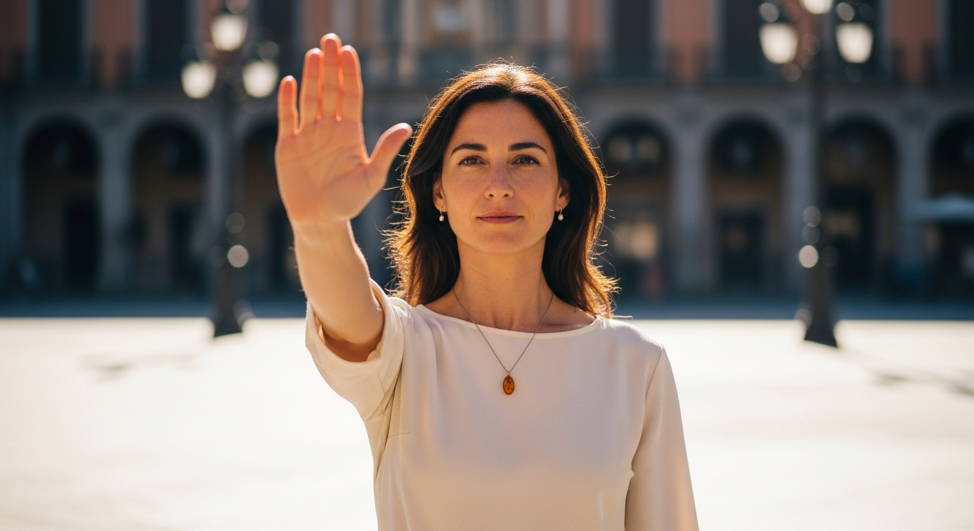 Mujer empoderada levantando la mano en gesto de 'alto', simbolizando protección y límites.