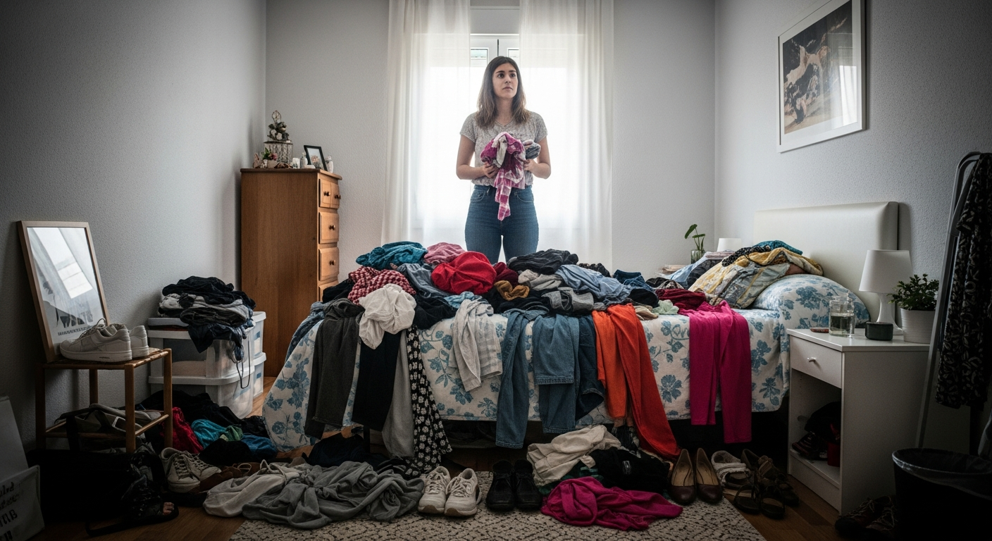 Cama llena de ropa desordenada, mujer preparándose para organizar.