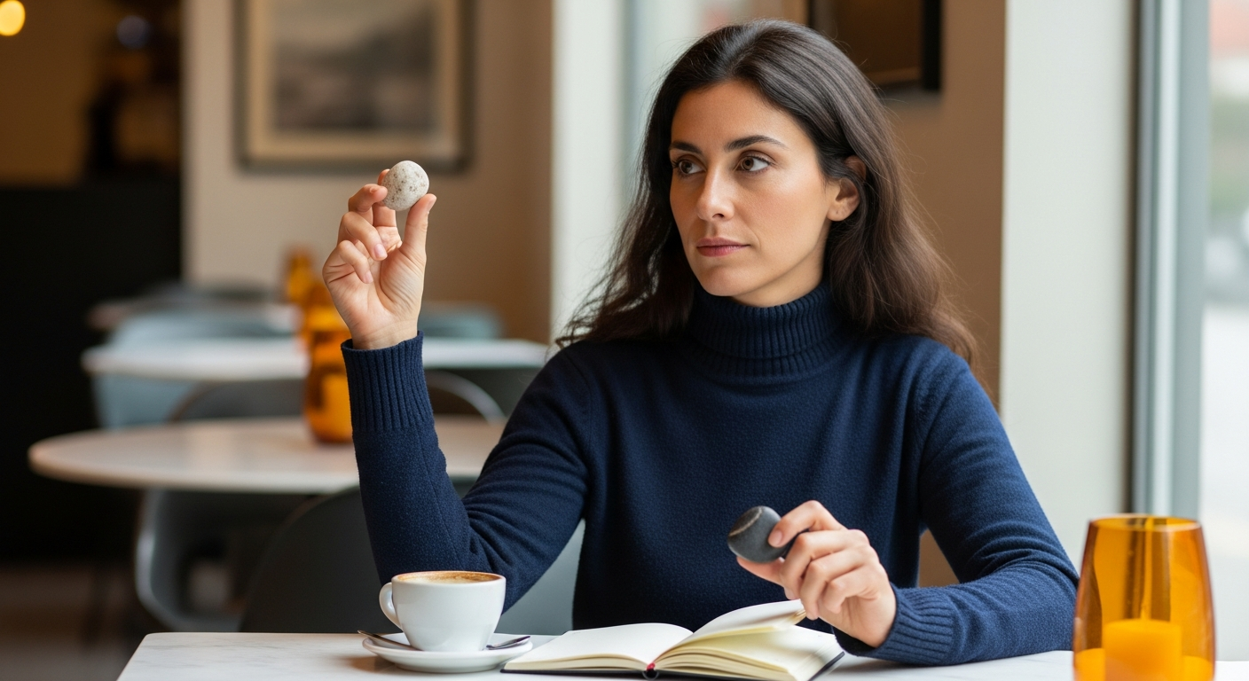 Mujer española pensativa sosteniendo dos piedras, simbolizando la dualidad de la influencia y la elección.