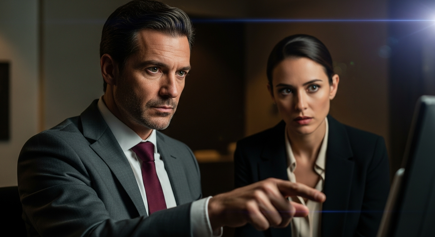 Hombre español en traje gesticulando con autoridad, mientras mujer escucha con respeto, ilustrando la trampa del experto.