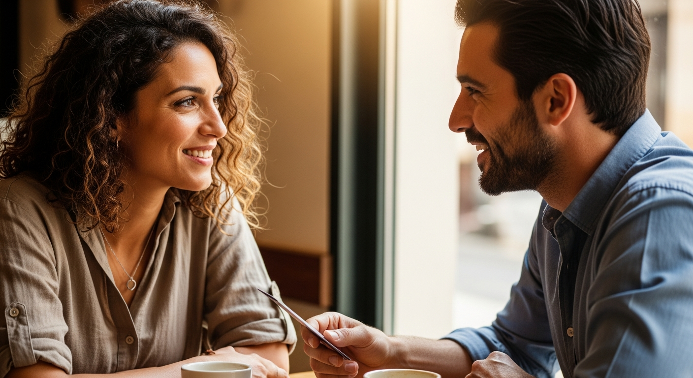 Hombre español ofreciendo un folleto a mujer con sonrisa amistosa, ilustrando la trampa de la simpatía.