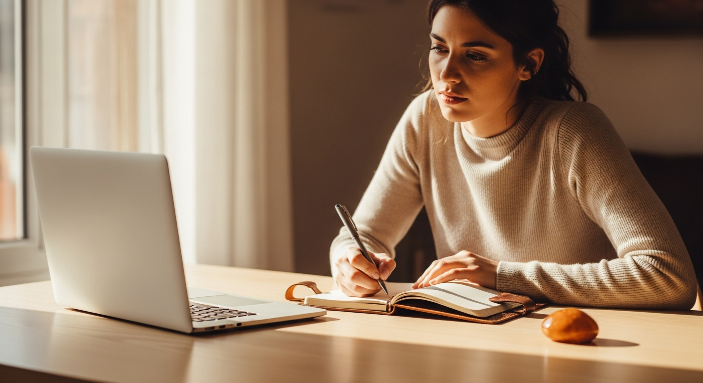 Mujer española escribiendo en un cuaderno, concentrada, desarrollando inmunidad a la persuasión.