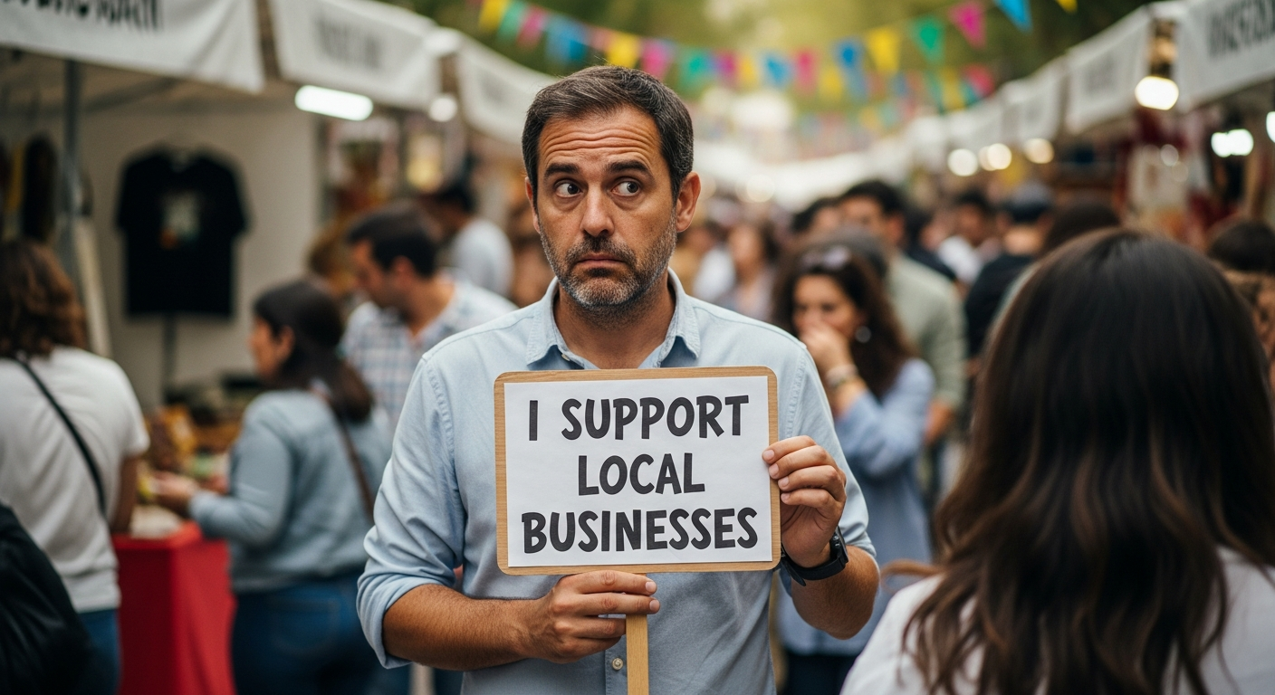 Hombre español con cartel de apoyo, sintiéndose incómodo por un compromiso público, ilustrando la consistencia.