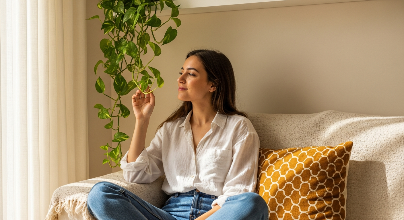 Mujer relajada en sofá crema con planta Pothos colgante en salón soleado.
