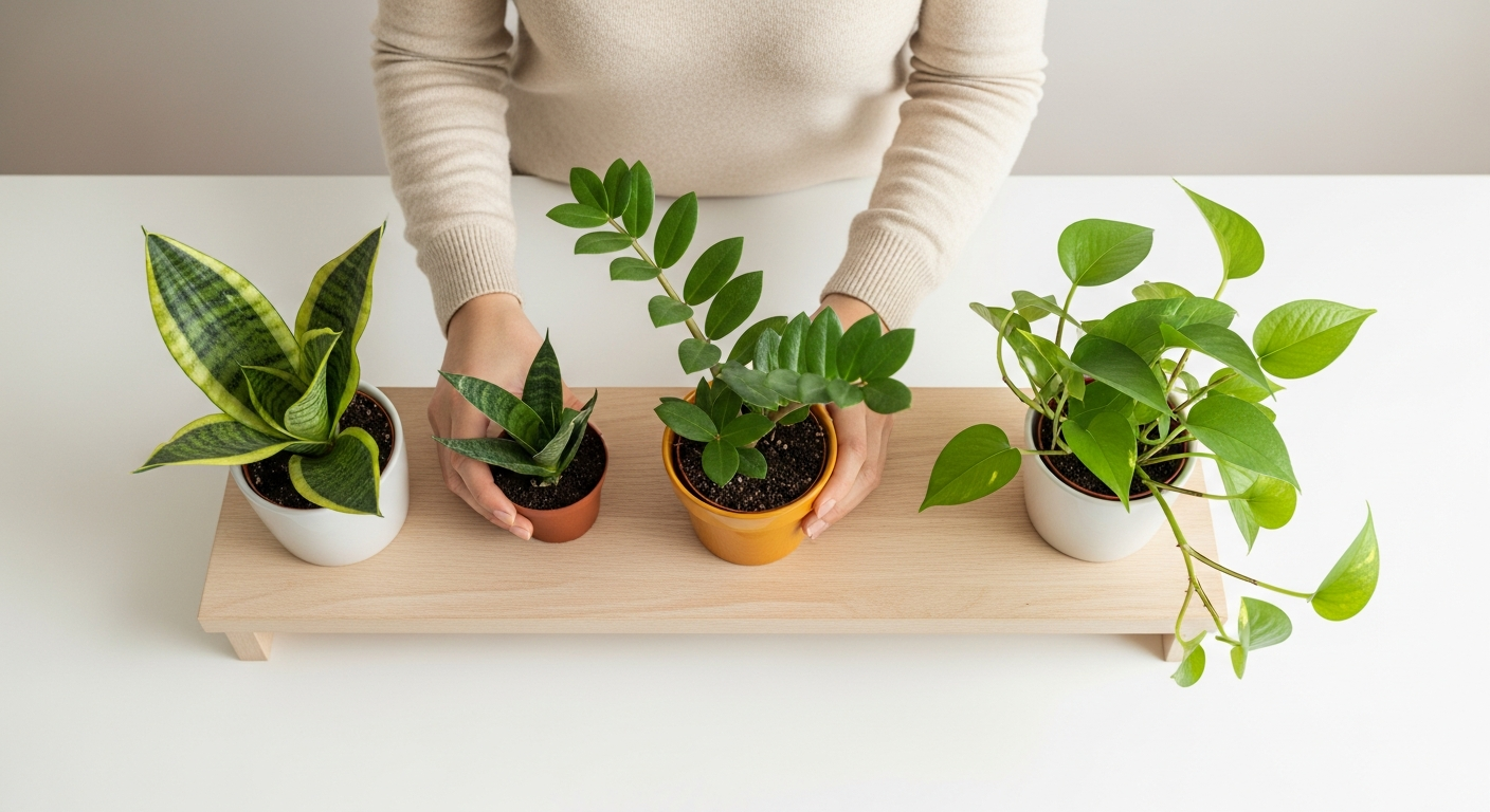 Manos de mujer organizando plantas de Sansevieria, Zamioculca y Pothos en estante.