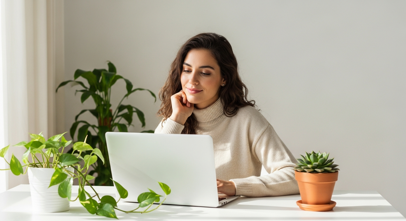 Mujer trabajando en escritorio minimalista con portátil y plantas, luz de mañana.