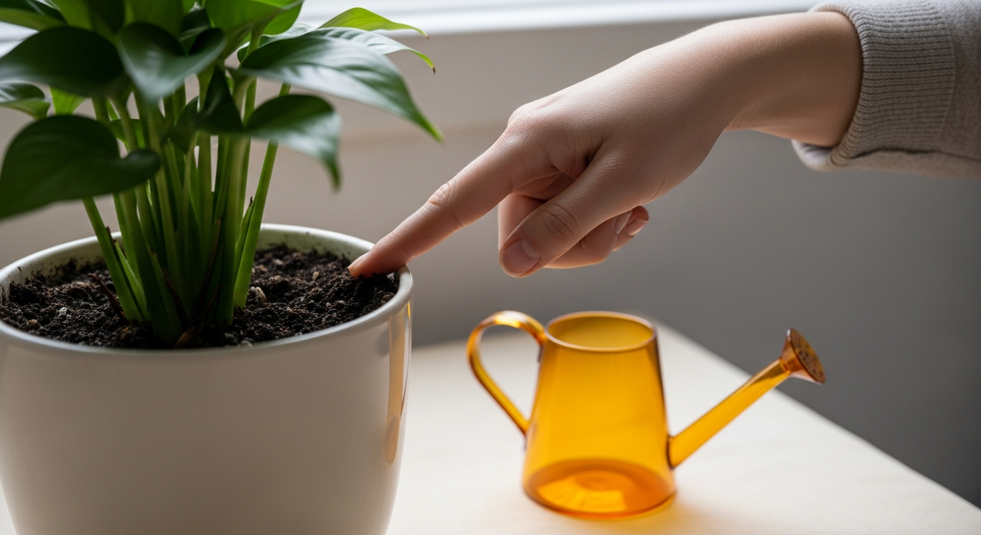 Mano de mujer comprobando la humedad de la tierra de una planta de interior con el dedo.