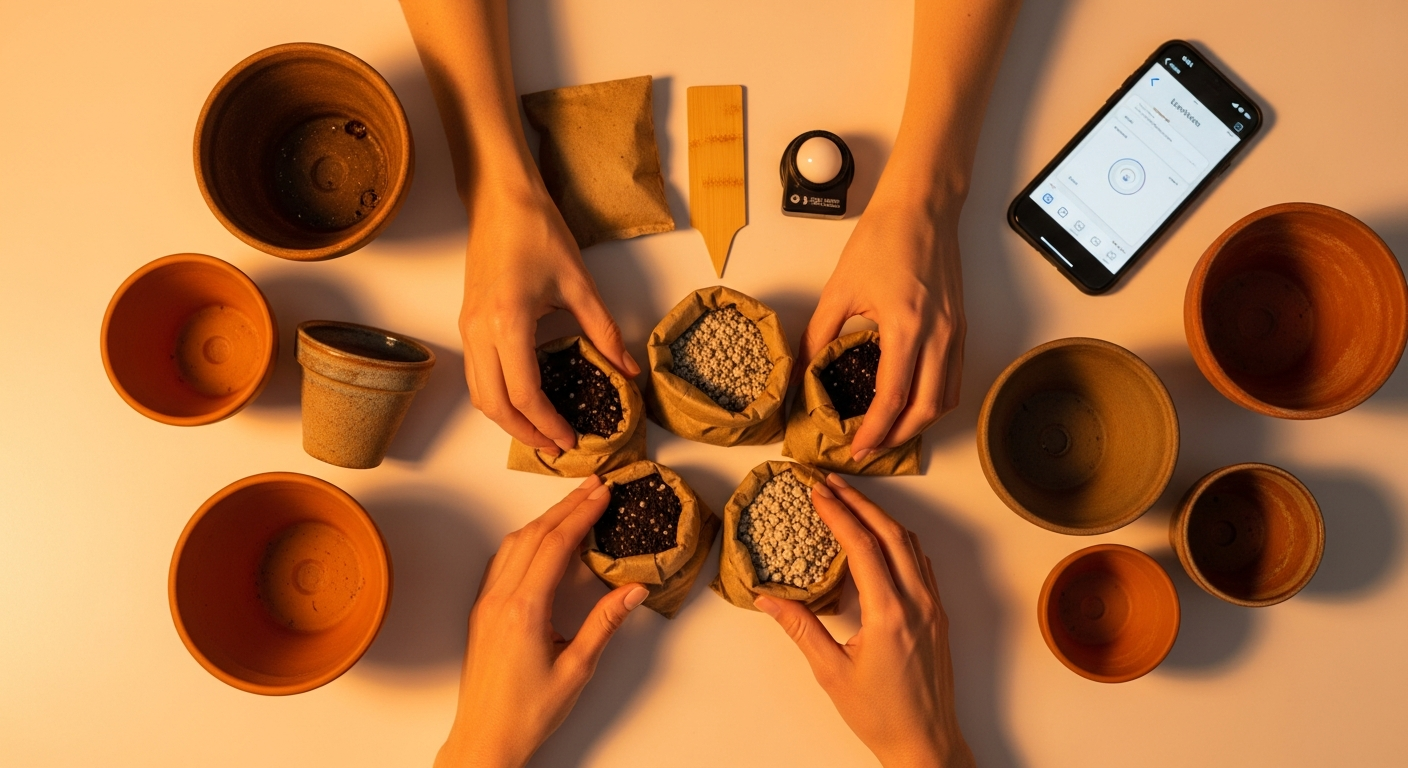Flat-lay de manos organizando tierra, macetas y medidor de luz para plantas.