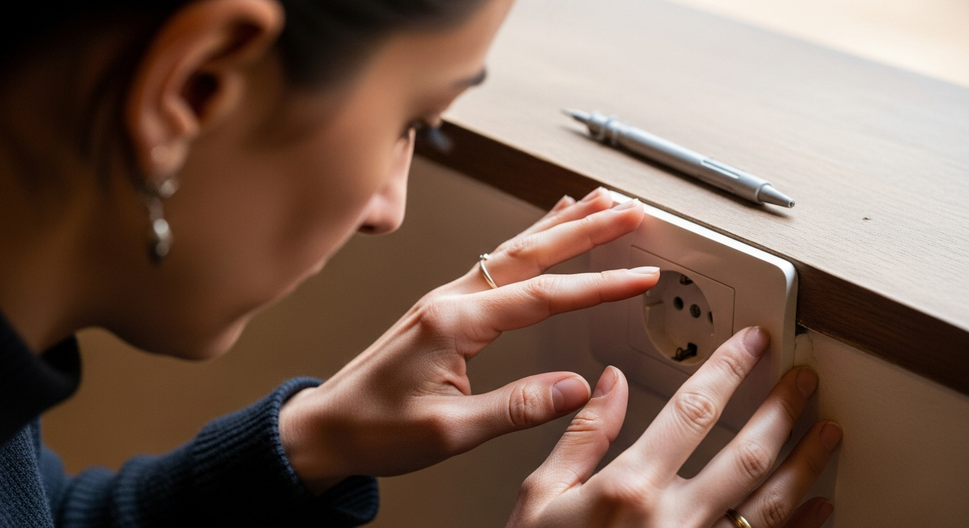 Manos de mujer española inspeccionando un enchufe eléctrico con precaución.