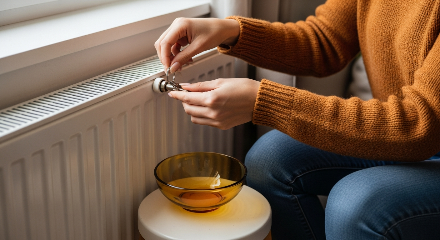 Manos de mujer española purgando un radiador con una llave y un cuenco ámbar.