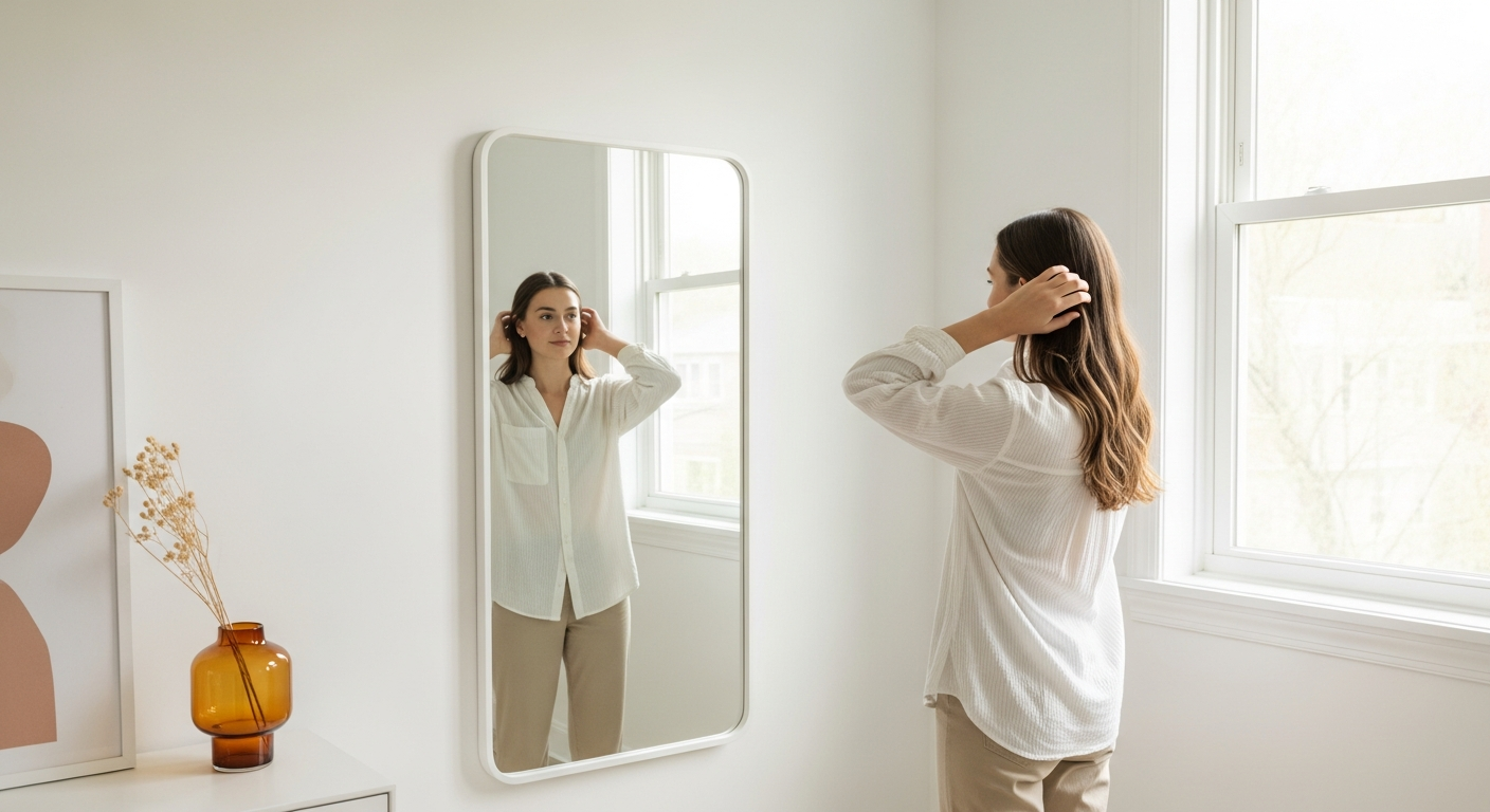 Mujer joven en una sala minimalista con un espejo grande que amplía visualmente el espacio.