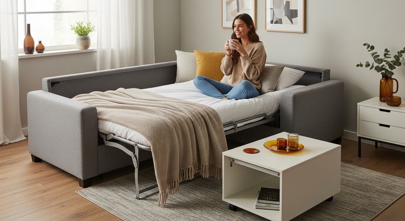 Mujer disfrutando de un sofá cama multifuncional con almacenamiento oculto en una sala pequeña.
