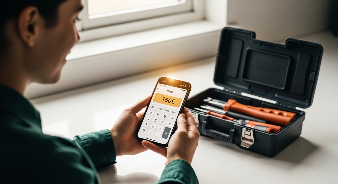 Manos sosteniendo un smartphone con '150€' en la calculadora, junto a una caja de herramientas, representando ahorro.